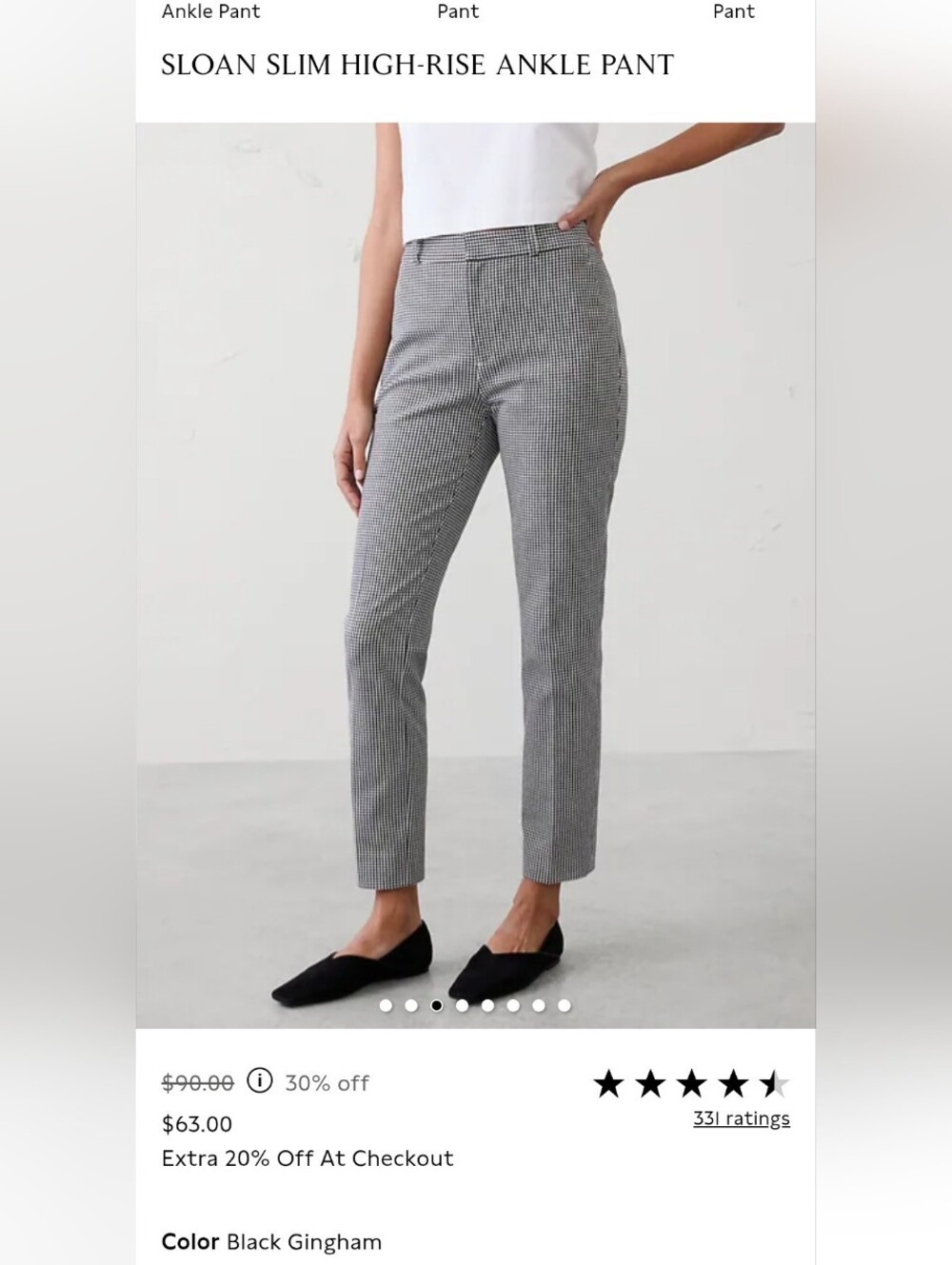 Banana Republic Sloan Black Gingham Slim High-Rise Ankle Pants Size 6